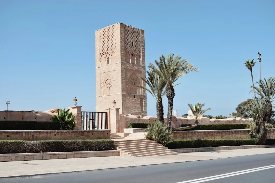 Hassan tower and palm trees under clear sky