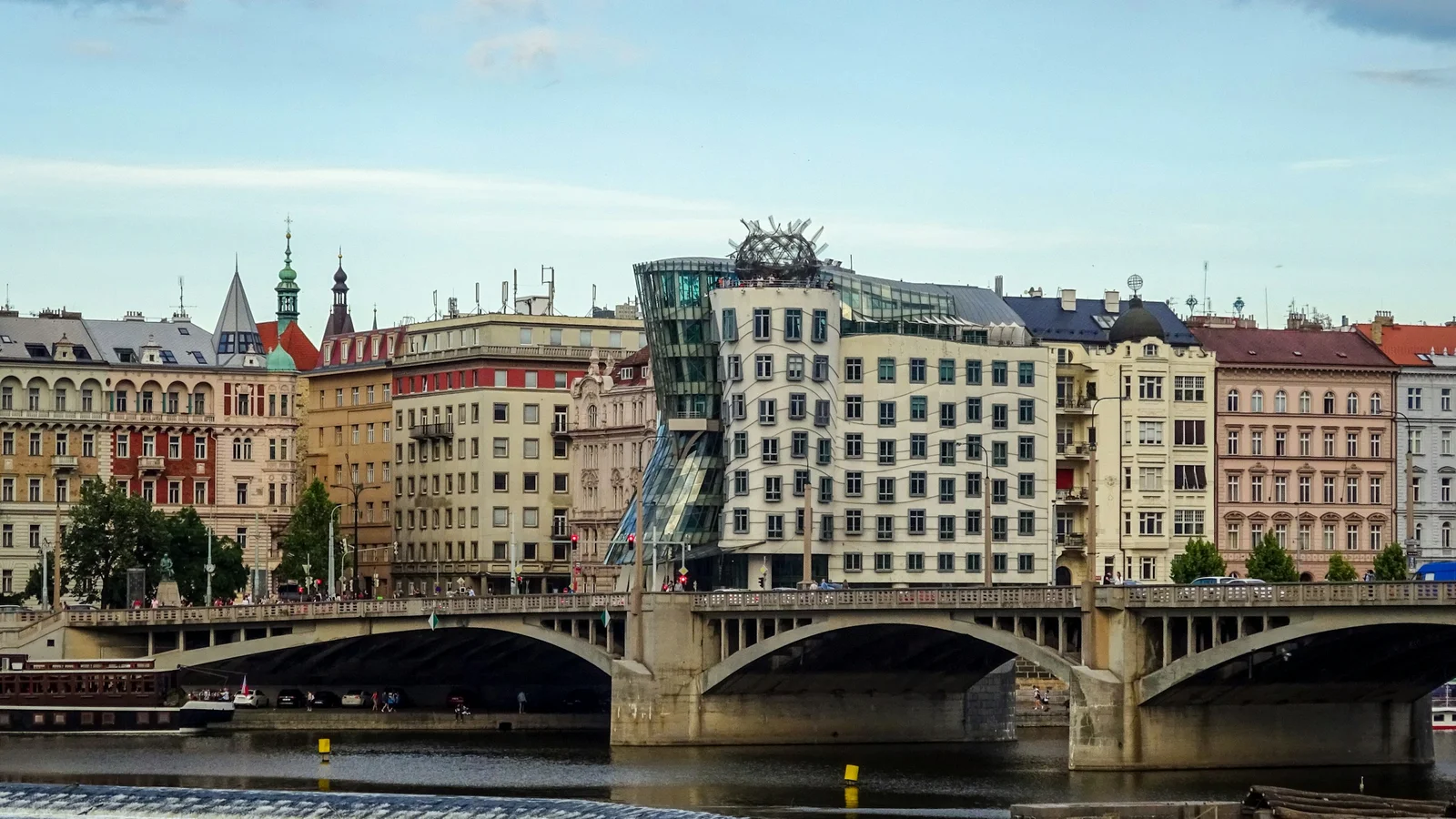 Cityscape with river and bridges under cloudy sky